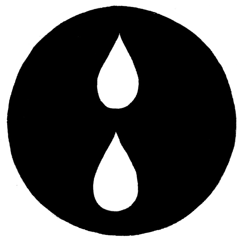 Två tecknade droppar på en svart cirkelformad bottenplatta, illustration av Majsan Sundell