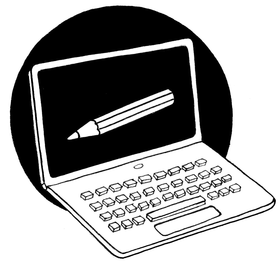 Tecknad bild av en laptop med en penna över skärmen