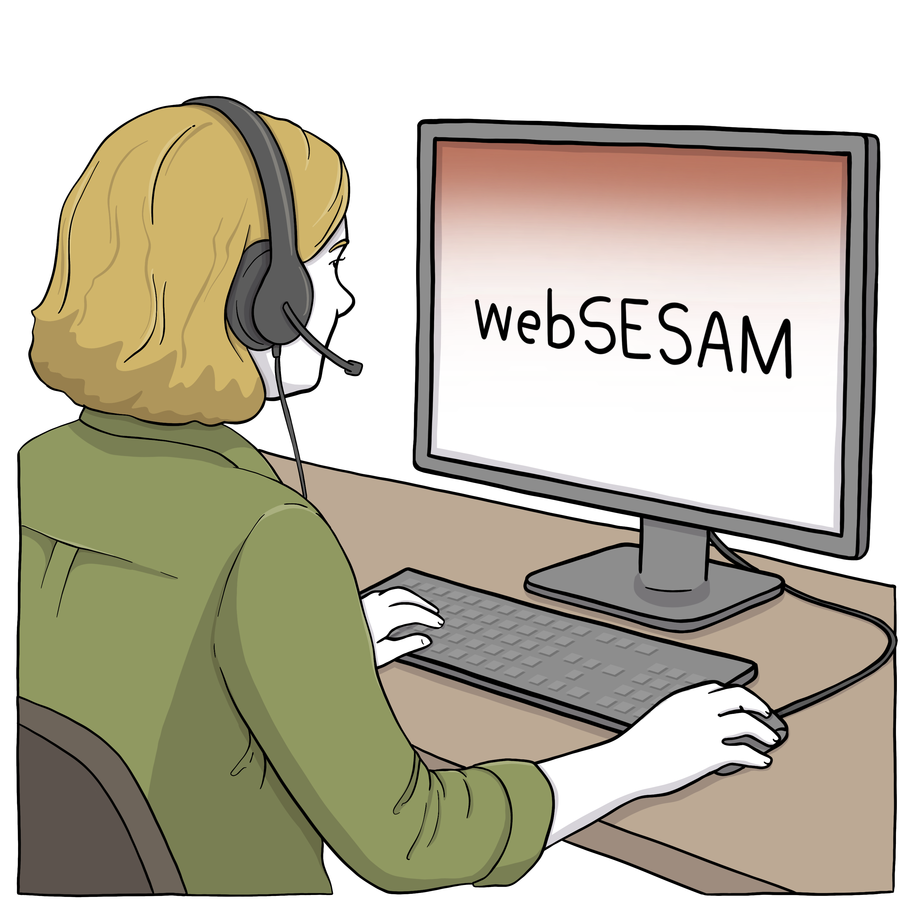 En illustration av en person som tittar på en datorskärm med loggan för ”webSESAM”.