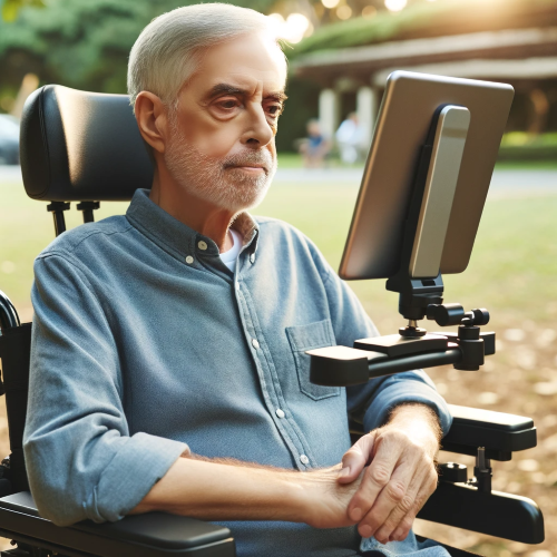 En man som sitter i en rullstol och tittar på en skärm för att ögonstyra. Skapad med AI.