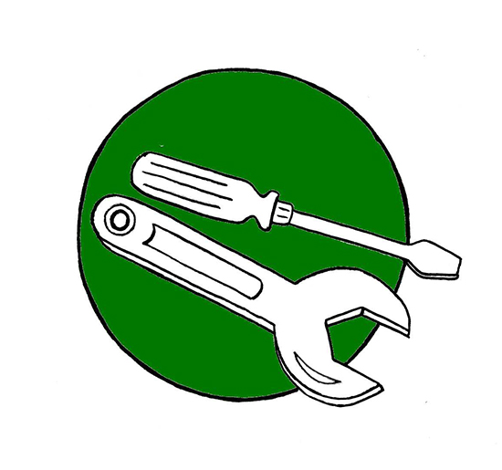 Två verktyg på en cirkelformad grön bottenplatta. Illustration Majsan Sundell