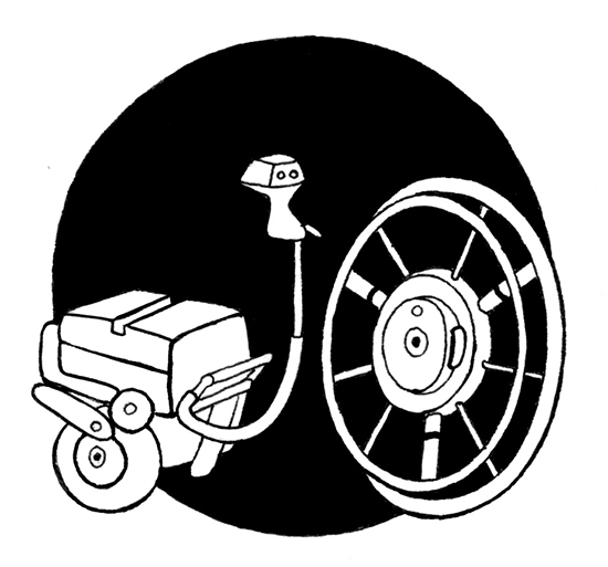 Två olika modeller av drivaggregat tecknade mot en cirkelformad svart bottenplatta. Illustration Majsan Sundell