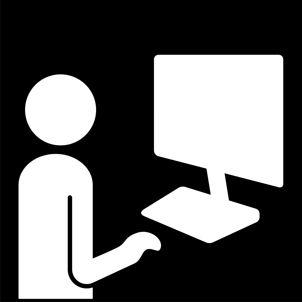 Svartvit bild av en person som sitter framför en dator. Illustration Pictrogram
