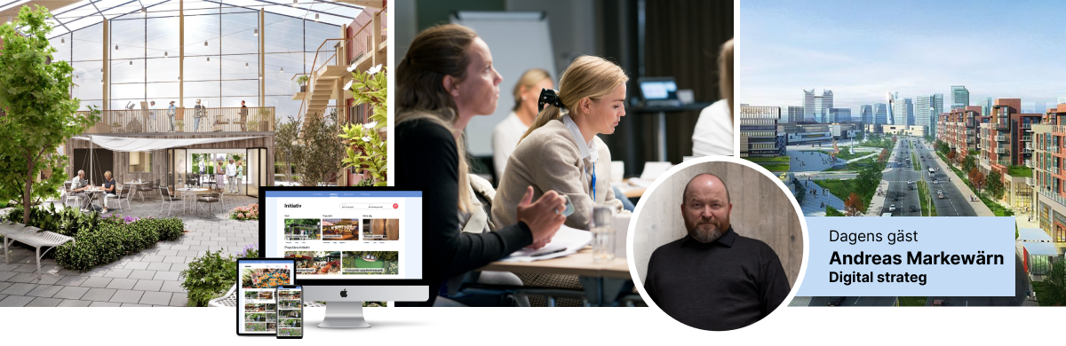 Collage: digitala skärmar, en stad, människor i samtal och en bild på Andreas Markewärn