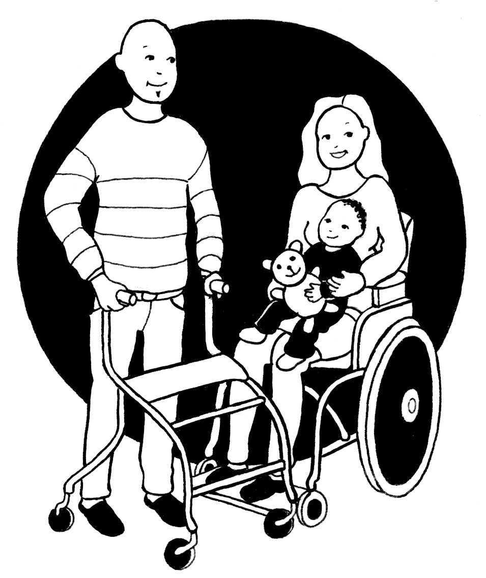 Tecknad bild av två vuxna hjälpmedelsanvändare, kvinnan sitter i rullstol och har ett barn i knät. Mannen står bredvid med en rollator.