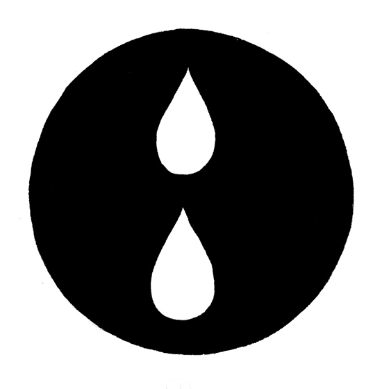 Tecknad bild av två droppar på en svart cirkelformad bottenplatta. Illustration Majsan Sundell