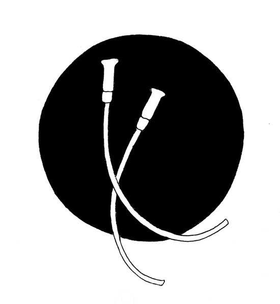 Tecknad bild av en tappningskateter på en svart cirkelformad bottenplatta. Illustration Majsan Sundell
