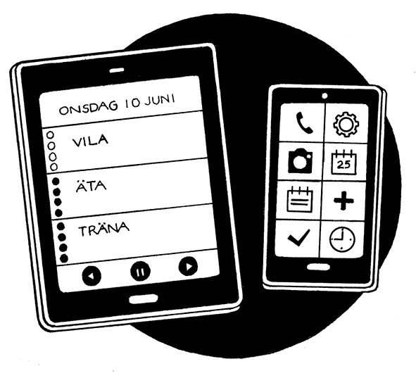 Tecknad bild på surfplatta och mobiltelefon som visar tydligt schema och stora ikoner. Illustration av Majsan Sundell.