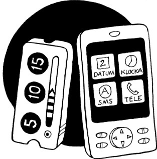 Tecknad bild av ett hjälpmedel som visar nedräkning av tid och en mobiltelefon med stora ikoner. Illustration av Majsan Sundell.