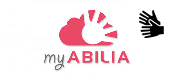 röd och vit logga för webbtjänst myabilia med två händer som teckenspråkstolkar