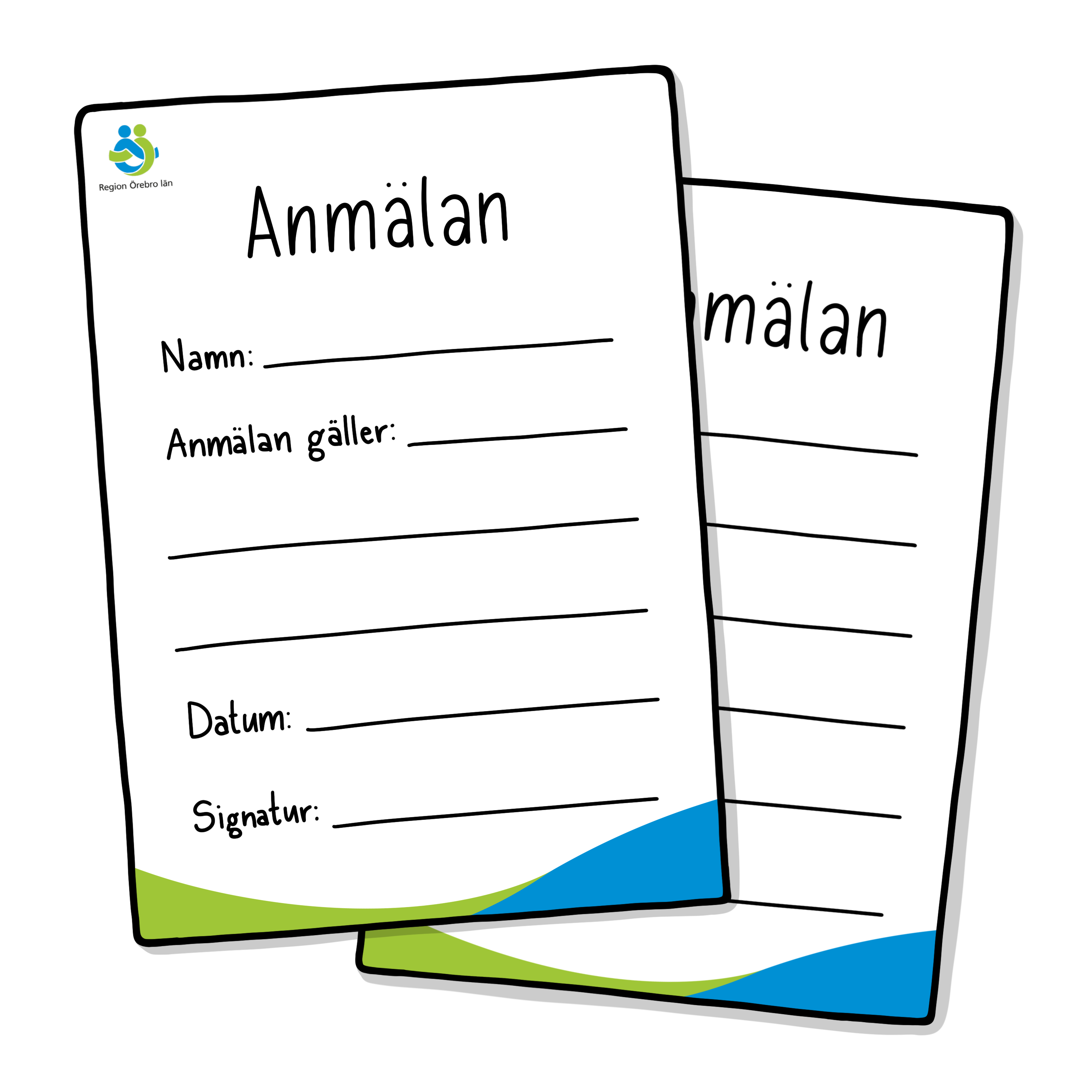 Tecknad bild av två anmälningsblanketter.