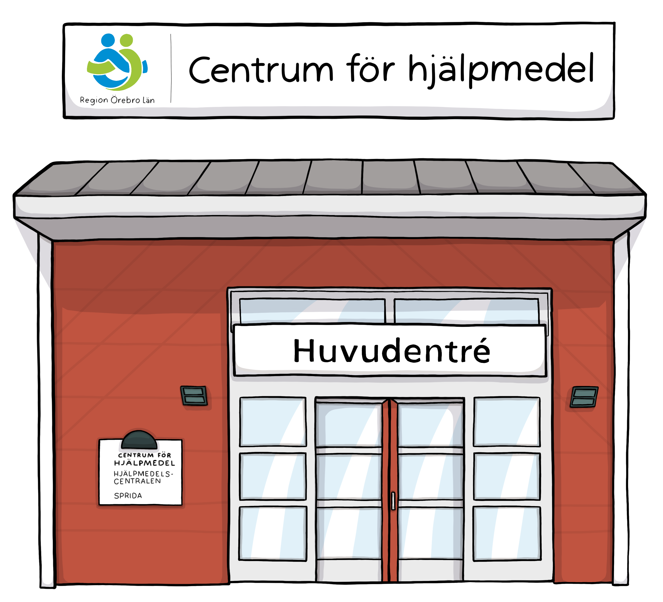 Tecknad bild på Centrum för hjälpmedelshuvudentré