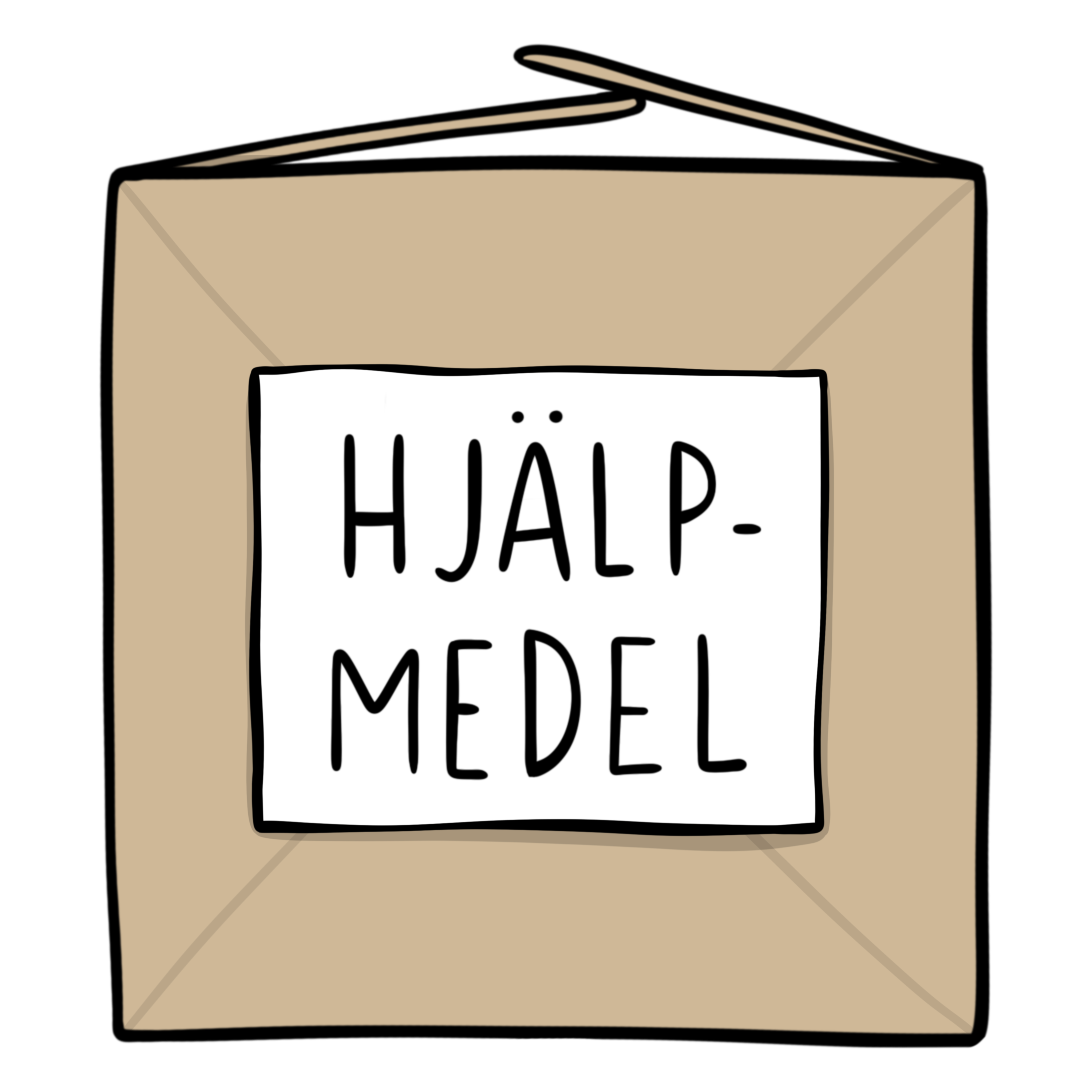 En illustration av en kartong med texten ”hjälpmedel”.