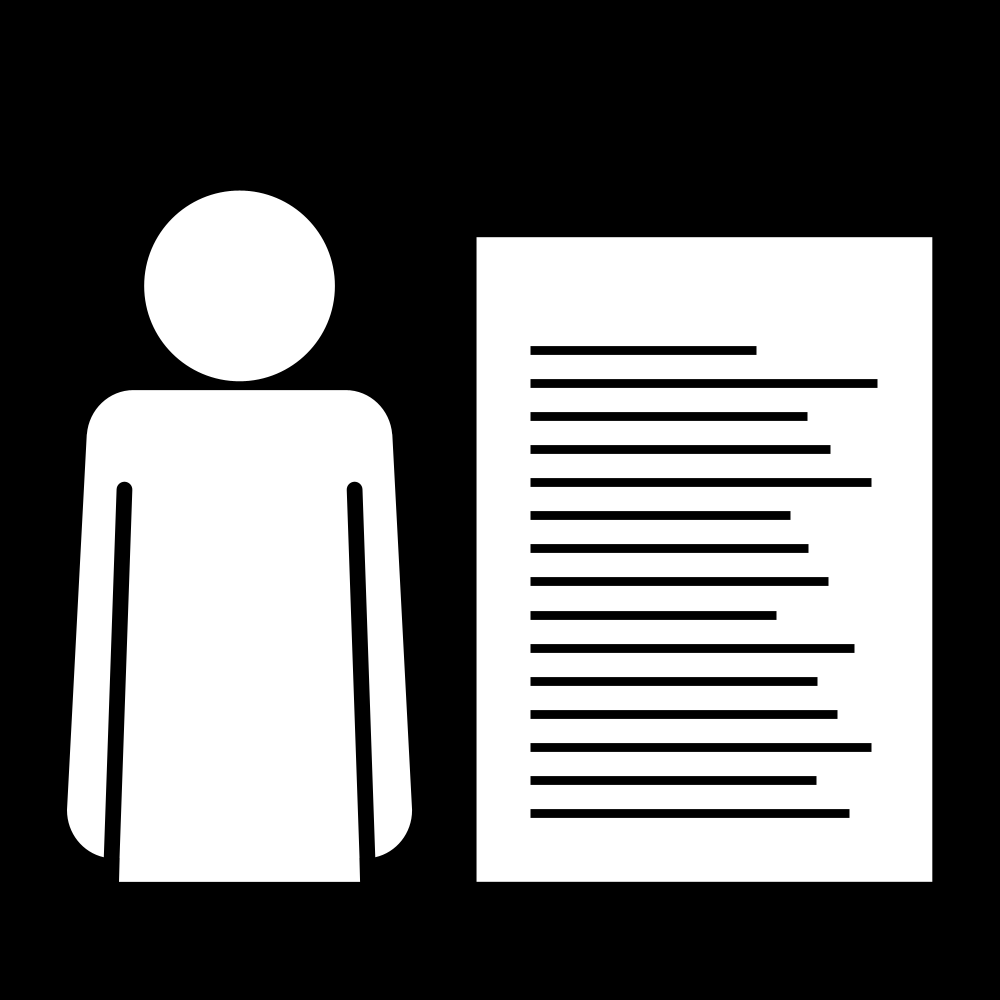 Svartvit bild där siluetten av en person syns till vänster, till höger i bild syns ett dokument. Illustration Pictogram