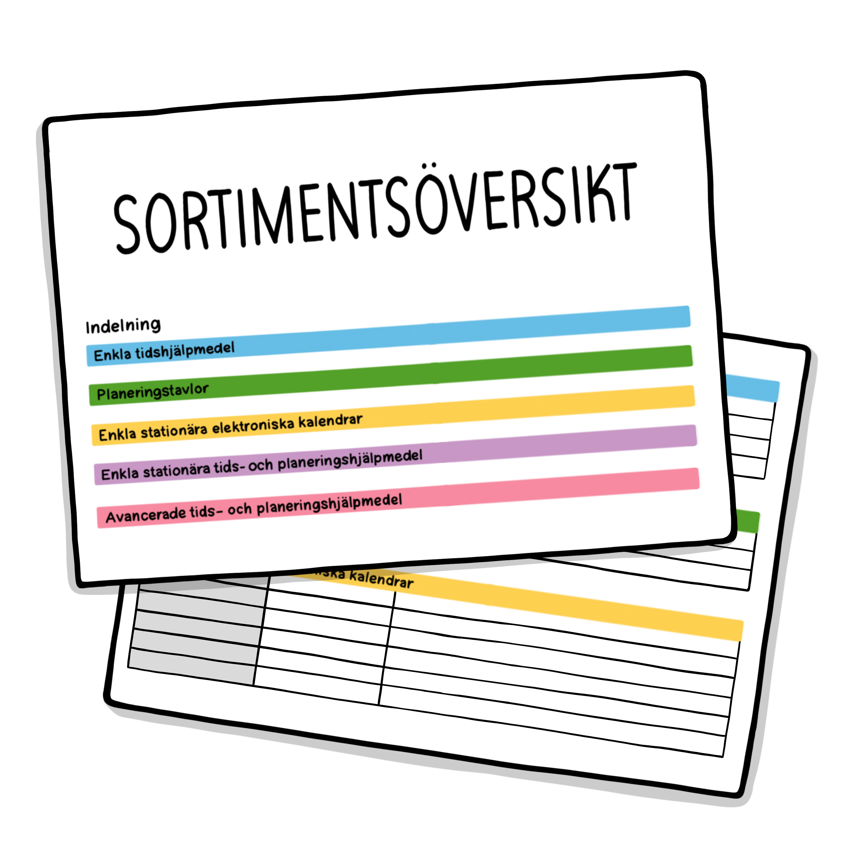 Tecknad bild av en sortimentsöversikt