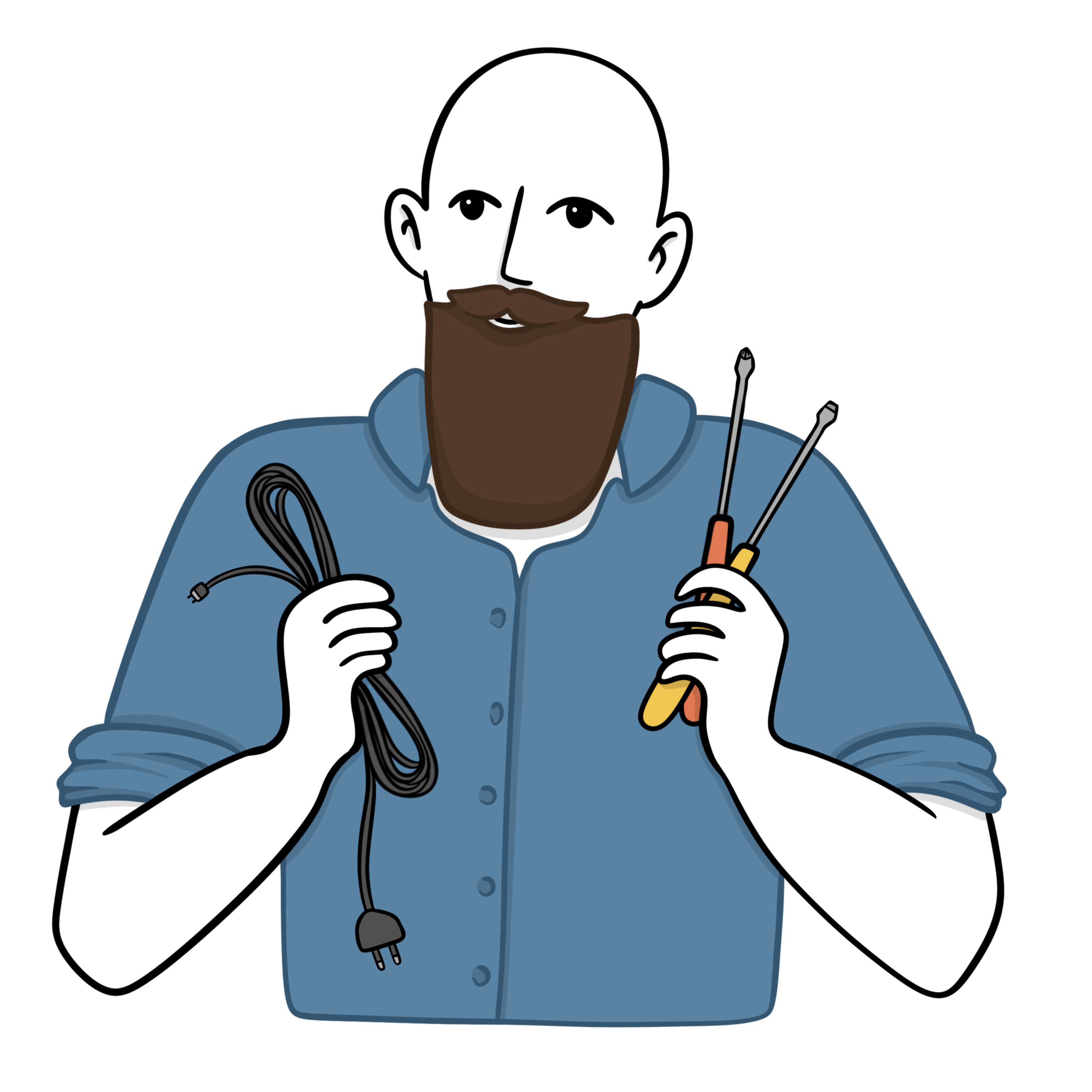 Illustration av en teckniker som håller verktyg i ena handen och en kabel i den andra.