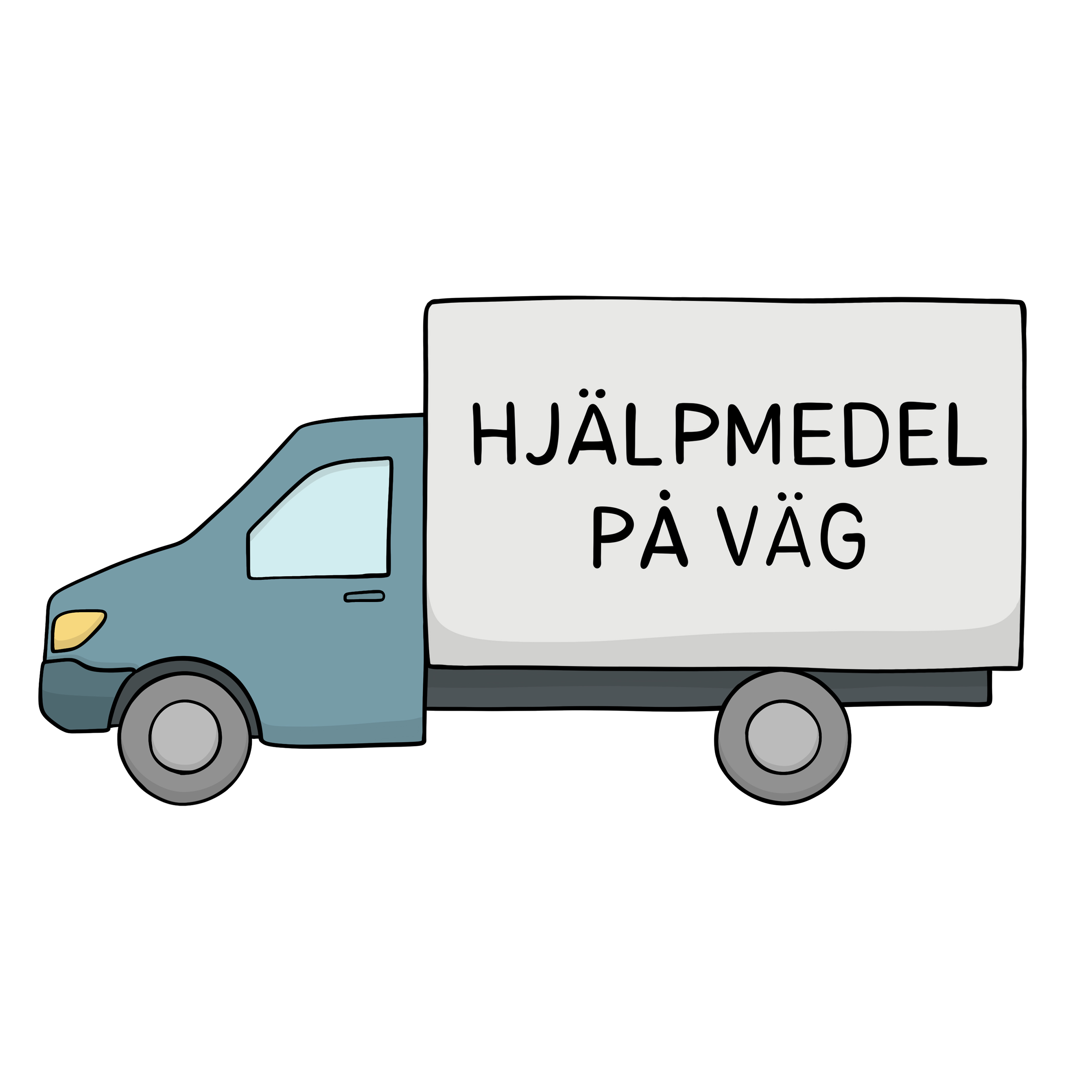 Tecknad bild på en lastbil. På lastbilen står det ”hjälpmedel på väg”.
