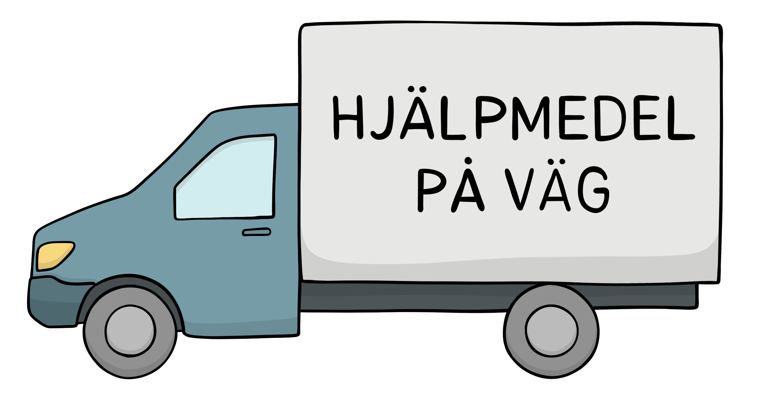 En tecknad bild på en lastbil. På lastbilen står det ”hjälpmedel på väg”.