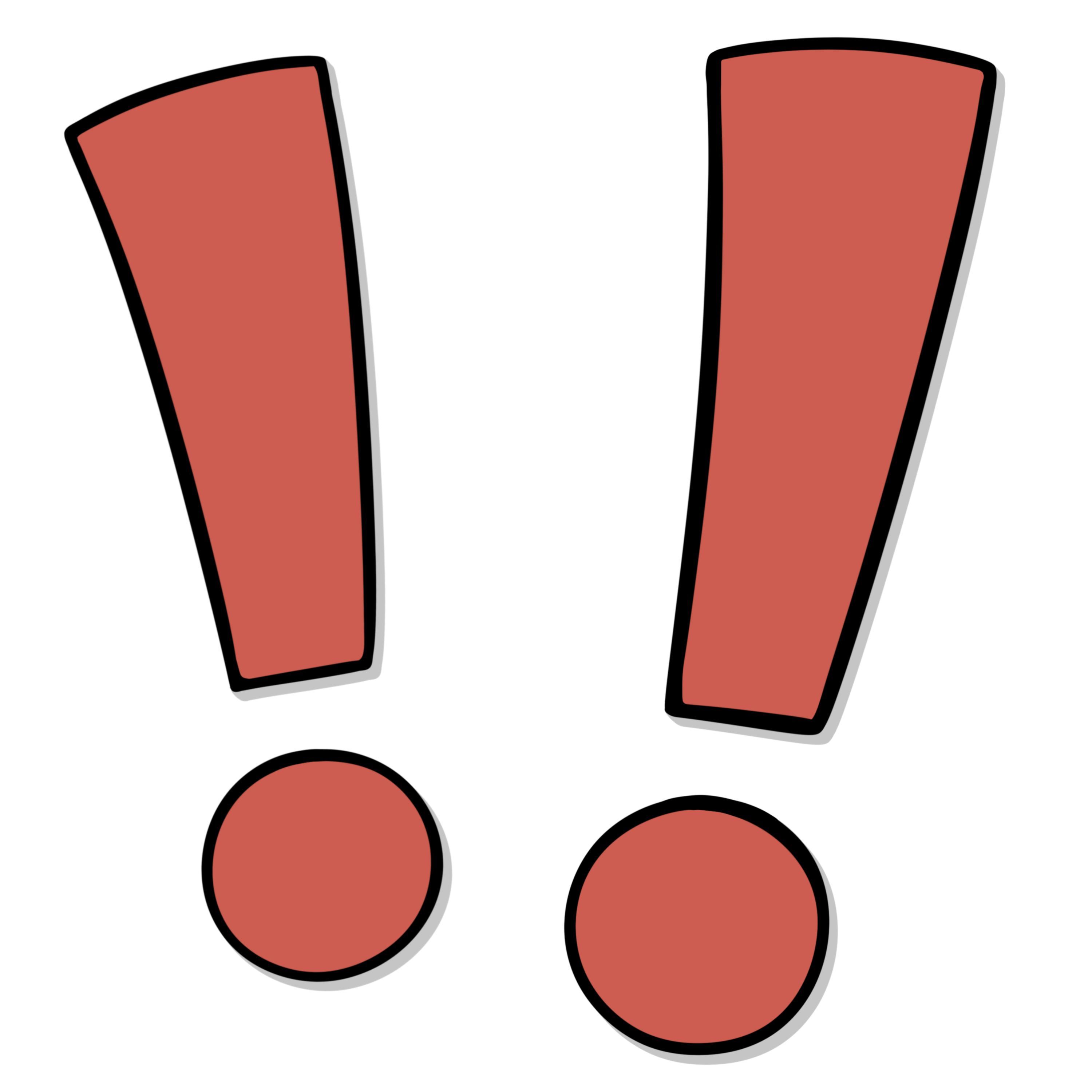 Tecknad bild av två röda utrupstecken.