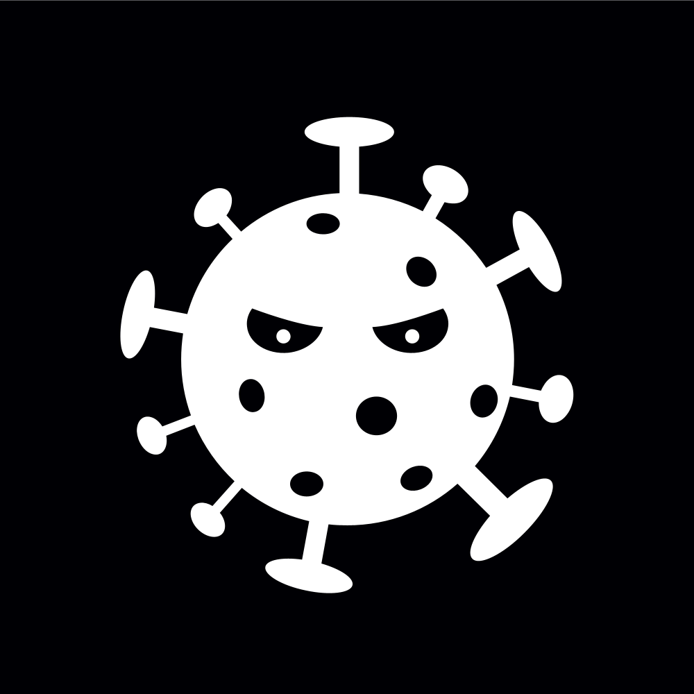 Svartvit bild av ett virus; ett vitt klot med spröt som sticker ut runt om. Illustration Pictogram