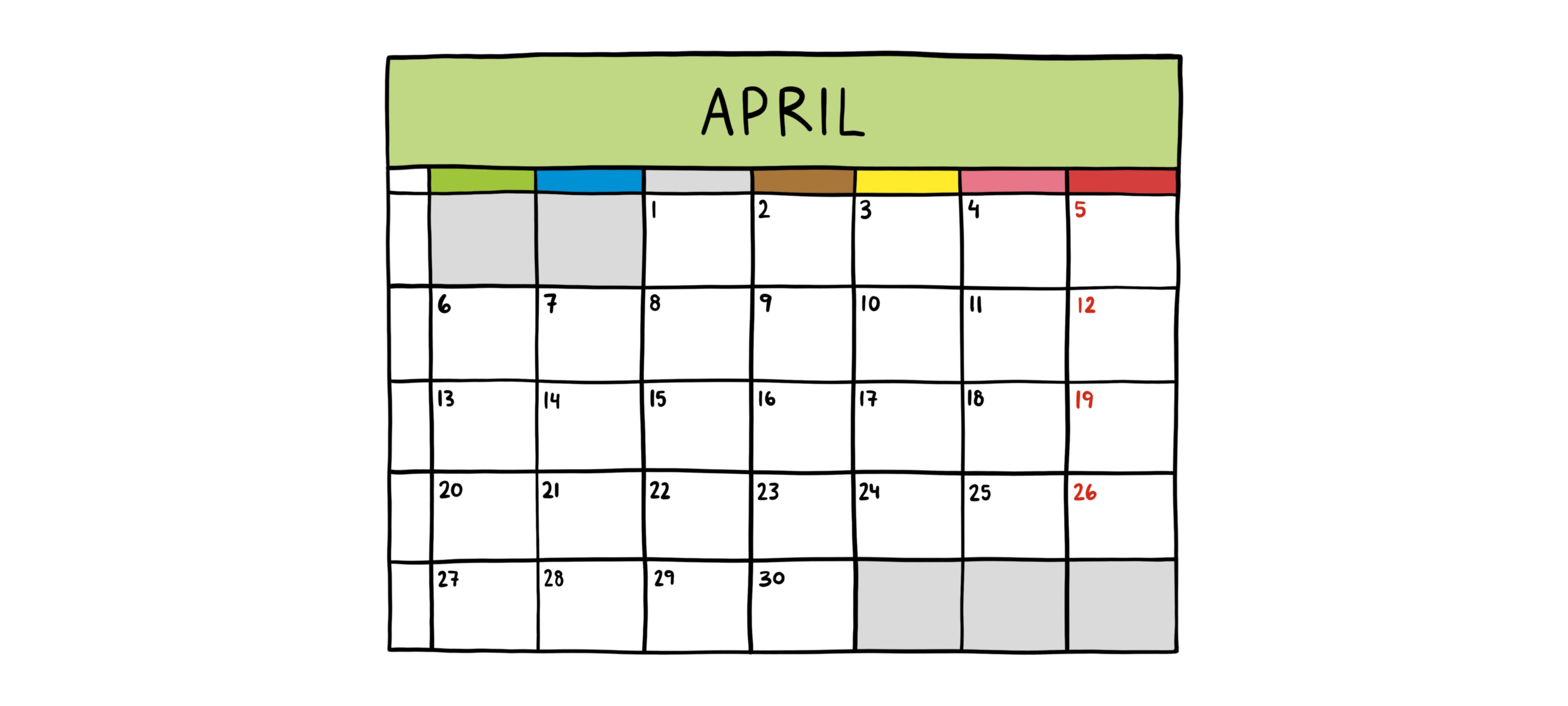 En illustration av en kalender med månadsvy över april.