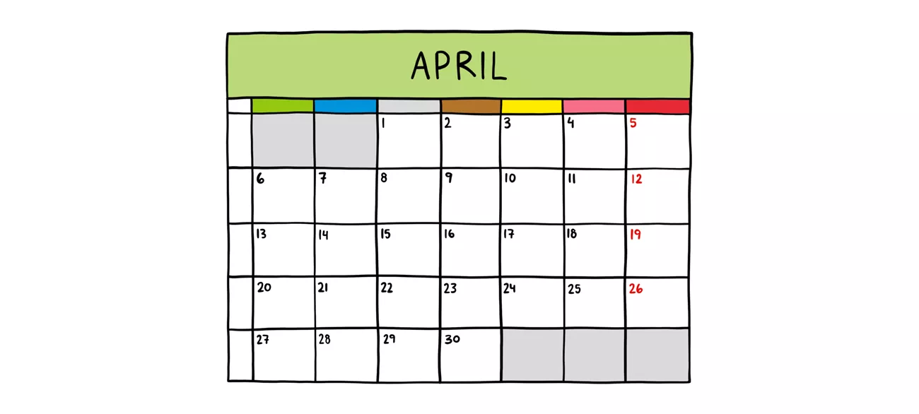 En illustration av en kalender med månadsvy över april.