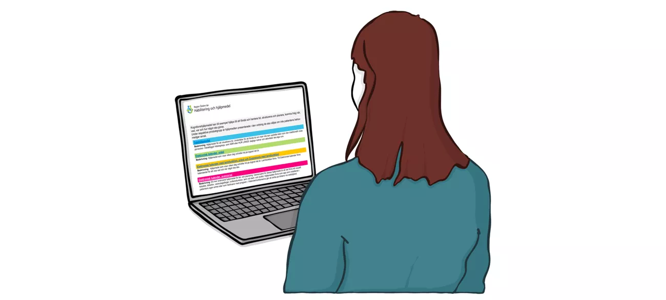 En tecknad bild av en person med långt hår som tittar på en datorskärm med en sortimentsöversikt.