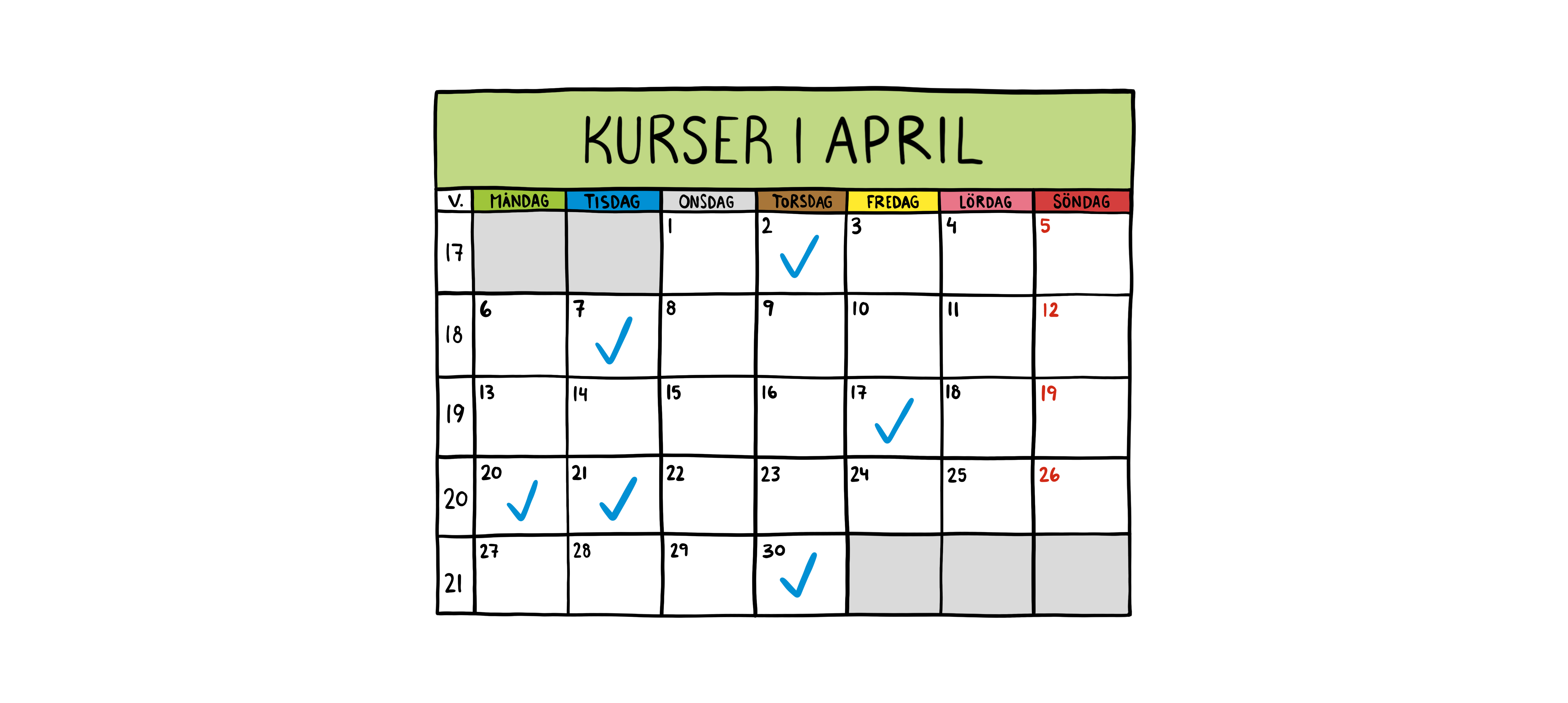 Tecknad bild av en kalender där några datum är märkta med en blå bock.