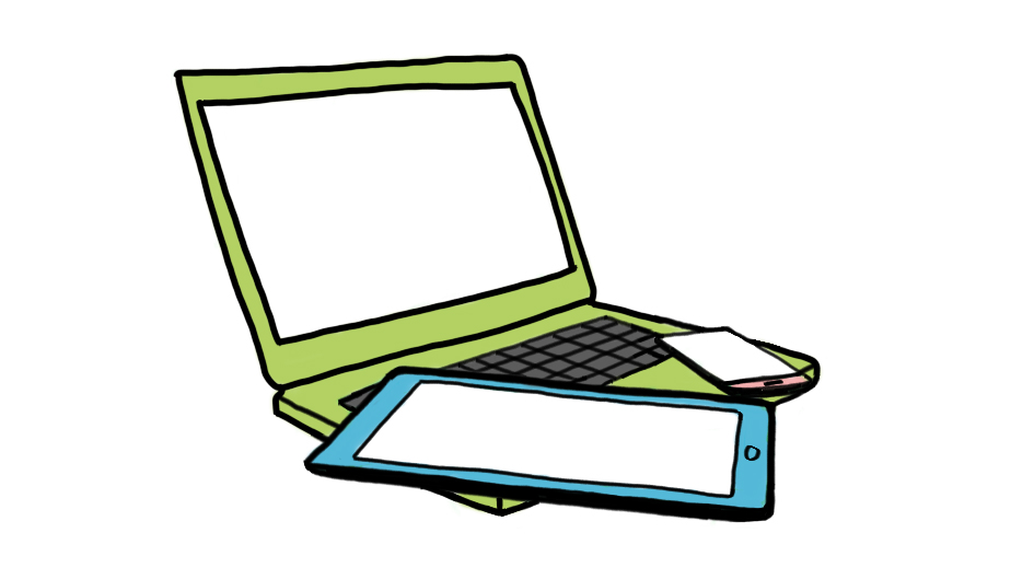 En illustration av en laptop, en surfplatta och en mobiltelefon.