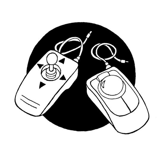 Tecknad bild av två möss att styra datorn med. De är tecknade på en svart cirkelformad bottenplatta. Illustration Majsan Sundell