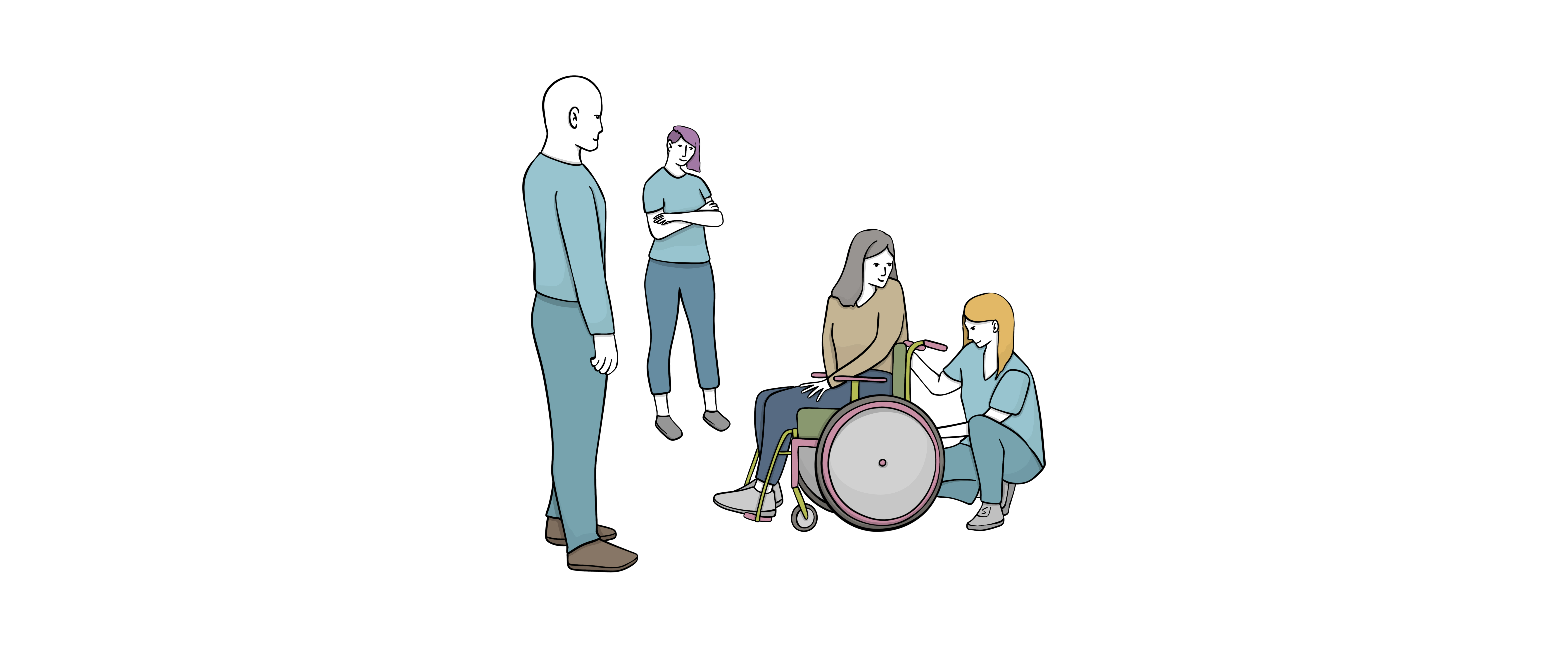 En tecknad bild som visar tre personer i sjukvårdskläder som står runt en person som sitter i en manuell rullstol.