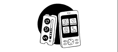Tecknad bild av två kognitionshjälpmedel; ett som visar tid och en telefon med tydliga ikoner.
