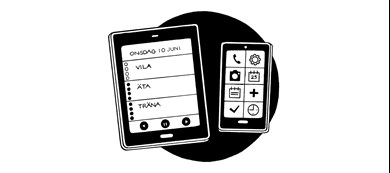 Tecknad bild på surfplatta och mobiltelefon som visar tydligt schema och stora ikoner.