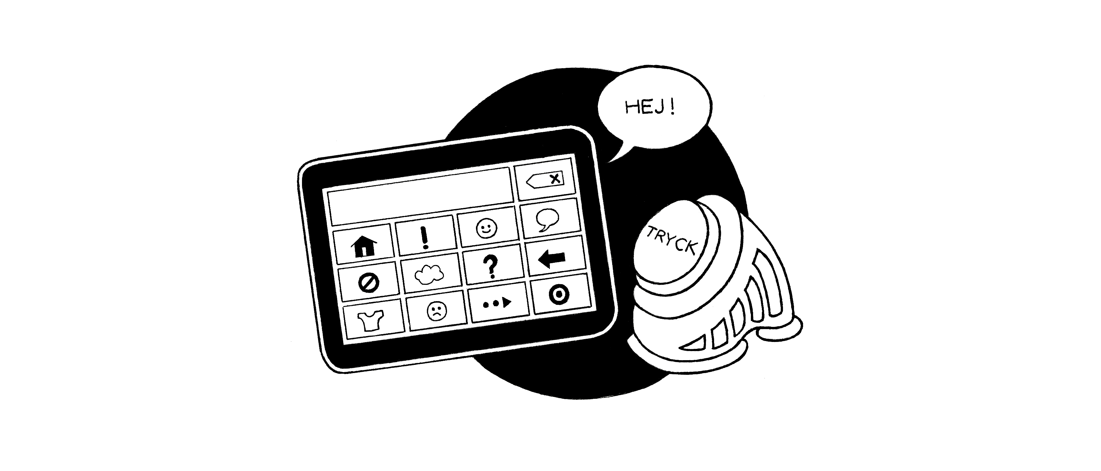 Tecknad bild av två olika enklare kommunikationshjälpmedel; en pekkarta och en talande knapp.