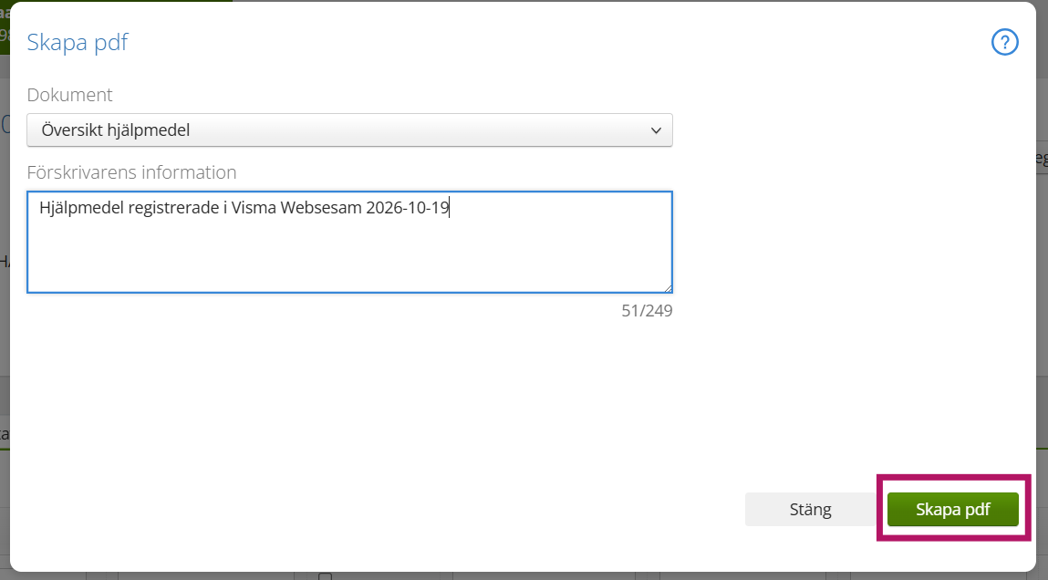 Skärmbild, tilläggstext och skapa pdf