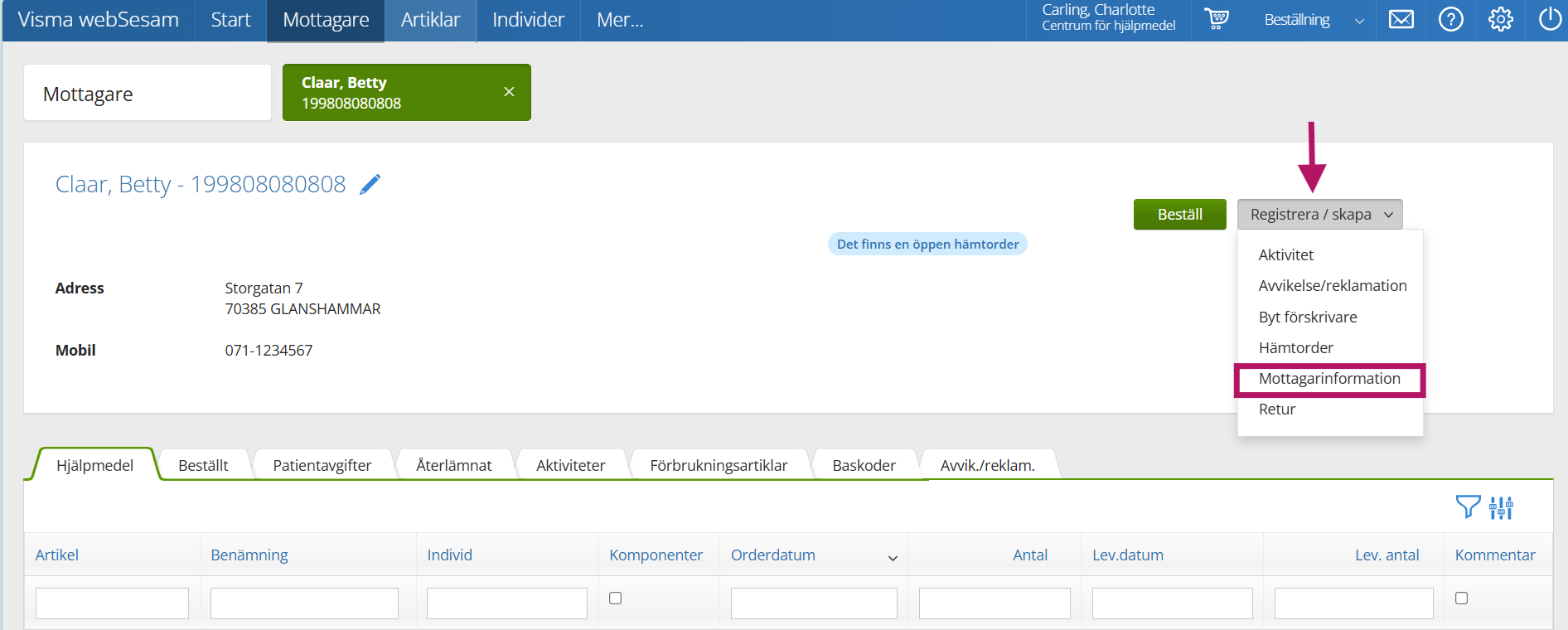 Skärmbild mottagarinformation i Visma Websesam