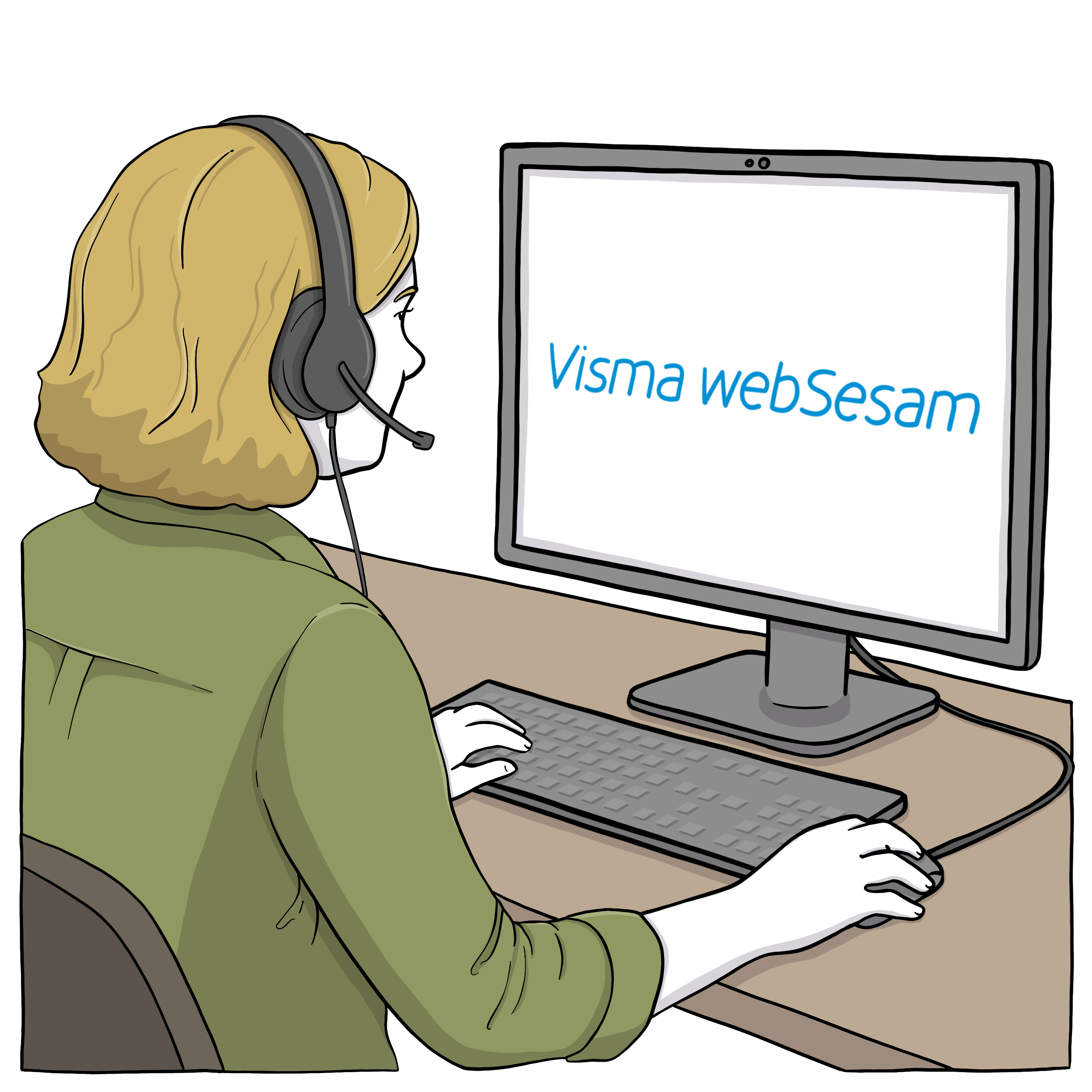 Tecknad bild av en person som sitter framför en datorskärm. På skärmen står det Visma Websesam