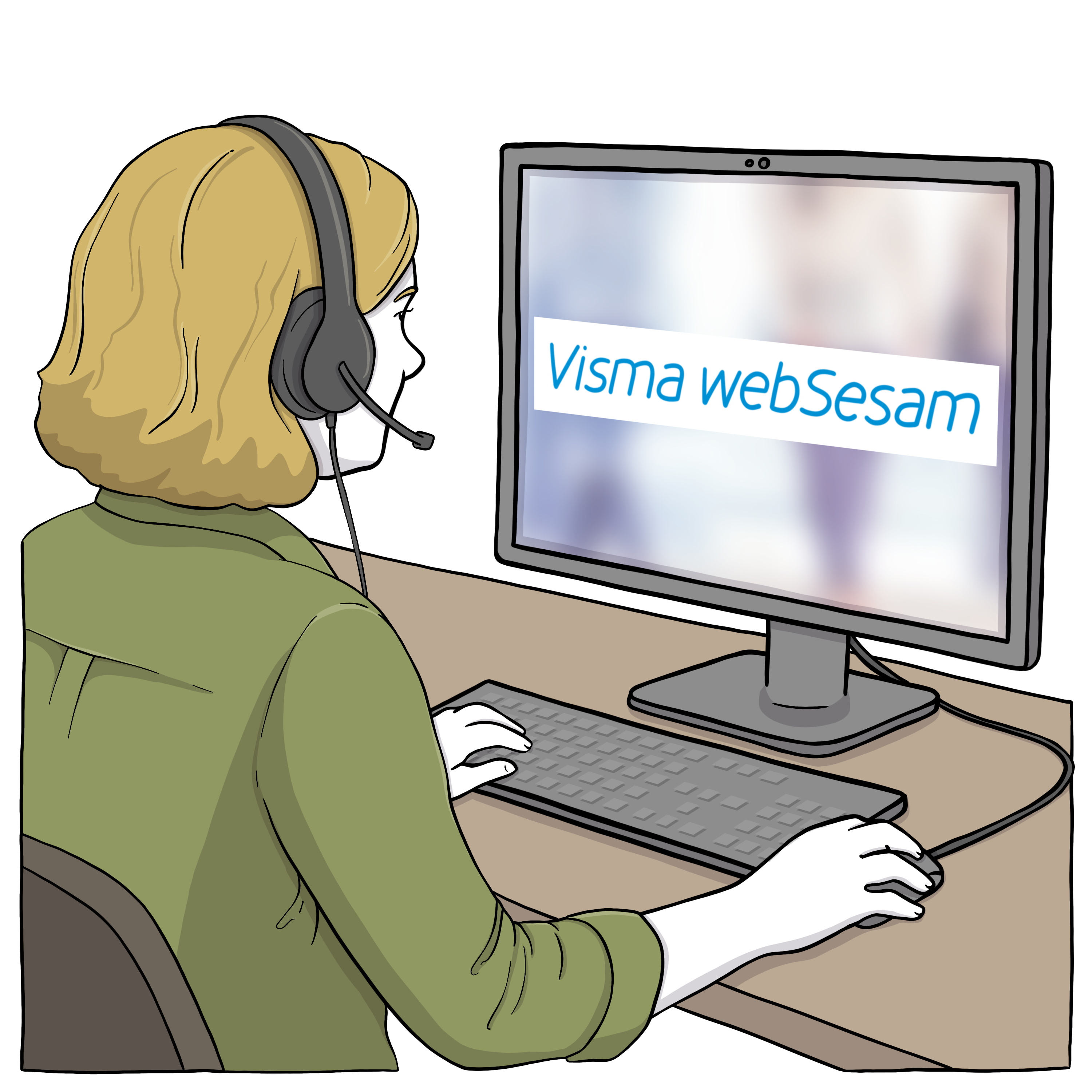 En tecknad bild av en person som tittar på en datorskärm det står "Visma Websesam" på skärmen